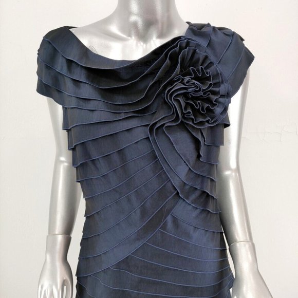 TADASHI SHOJI Size 6 Tiered Rosette Cocktail Formal Sheath Dress Navy Blue $350 - Picture 4 of 11
